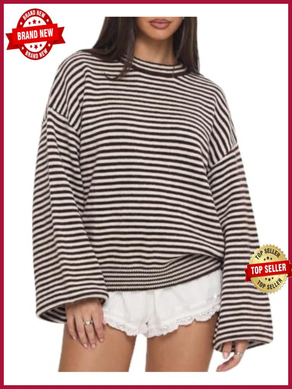 Oversized Striped Crewneck Sweater Balloon Sleeve Pullover